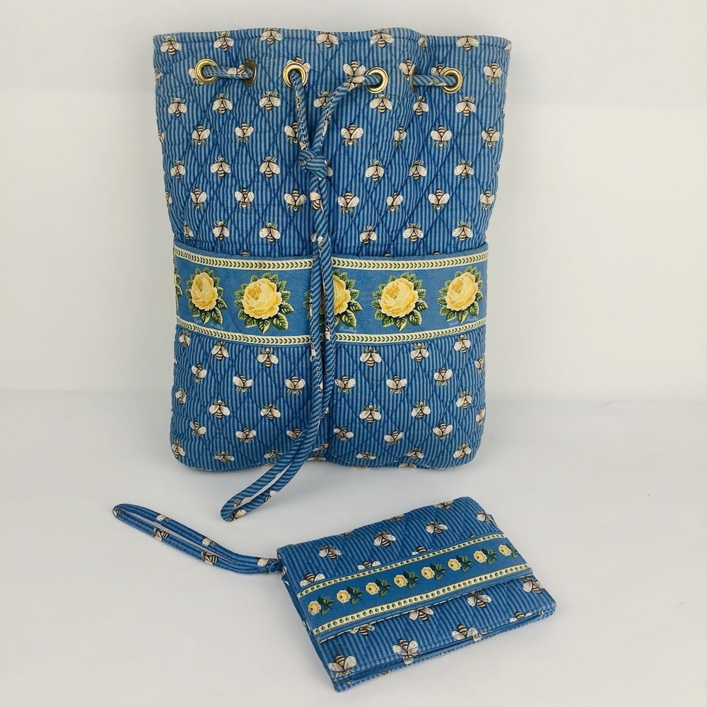 Vera Bradley Bees Quilted Drawstring Backpack & Wristlet Set Blue Yellow Retired